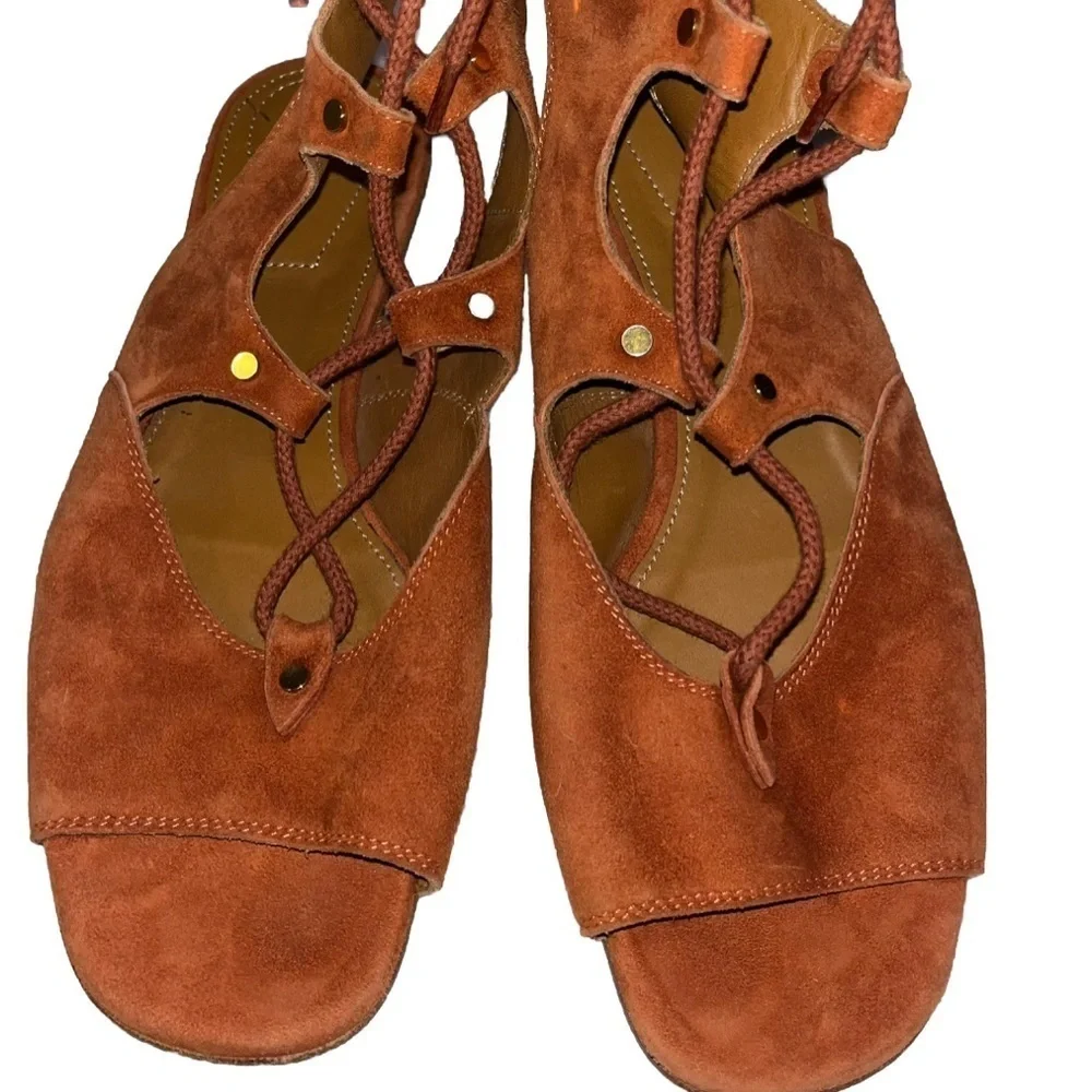 Chloé Rust Orange Sandals Suede Gladiator Lace Up Flat 7.5 Casual Summer Resort